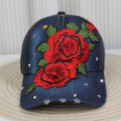 Gorra de Béisbol de Mezclilla Lavada Vintage Con Motivo Floral de Strass de Lujo Sombrero de Sol Ajustable Para Mujer
