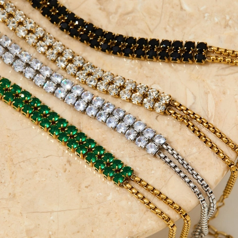 Bracciale In Acciaio Inossidabile Con Doppia Fila Di Zirconi Cubici Da Donna Placcato Oro Regolabile Gioiello Moda