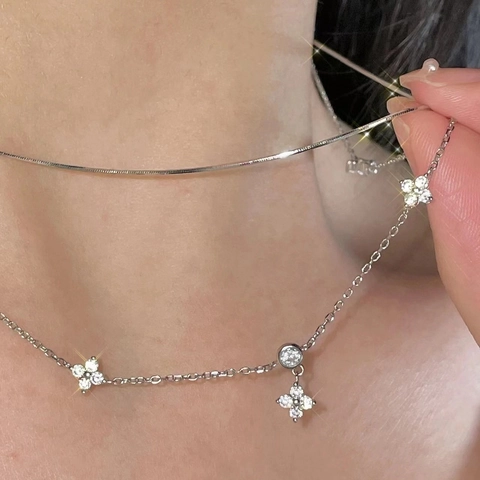 925 Sterling Silver Italian Snake Bone Chain Necklace For Women Zirconia Flower Pendant Elegant Clavicle Chain Jewelry