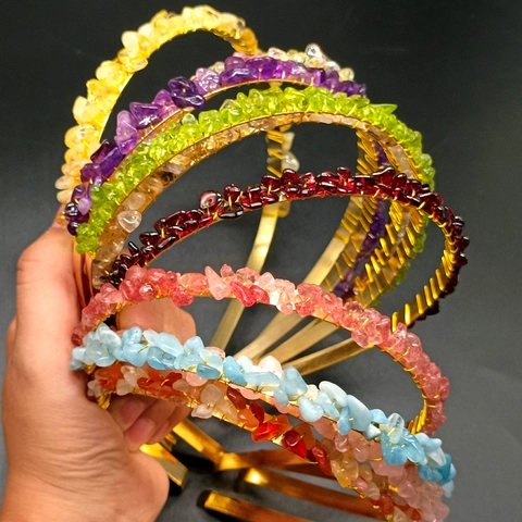 Handmade Natural Crystal Stone Headband Golden Wire Wrapped Hair Hoop Bohemian Bridal Festival Wedding Accessory Women