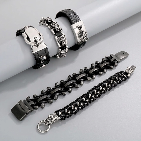 Punk Skull Tiger Head Bracelet Stainless Steel Woven Leather Men Gothic Rock Jewelry Biker Style Accessory