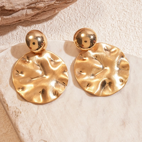 Hammered Round Drop Earrings Metal Geometric Mixed Gold Silver Color With Silver Earring Post For Women Fashion Retro