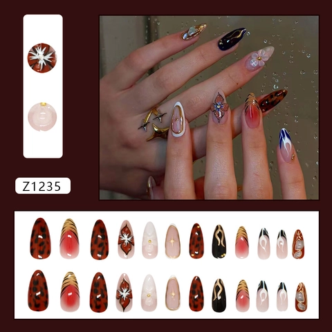 Leopard Print Mandel Falsche Nägel Mit 3D Blumendesign Rotbraun Französisch Glossy Press On Nägel Kleber Inklusive