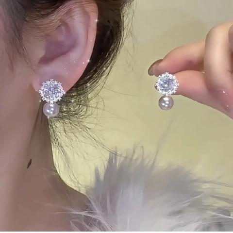 Elegant Flower Zircon Pink Artificial Pearl Stud Earrings With Silver Earring Post For Women Luxury Daily Accessory