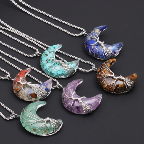 Tree Of Life Moon Pendant Necklace Natural Crushed Stone Wire Wrapped Amethyst Tiger Eye Turquoise Jewelry For Women