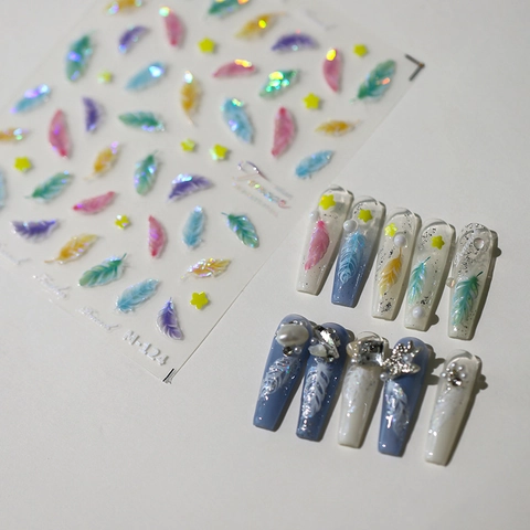 Nail Stickers 3D Relief Laser Holographic Feather Star Patterns Self Adhesive Manicure Art Decoration DIY