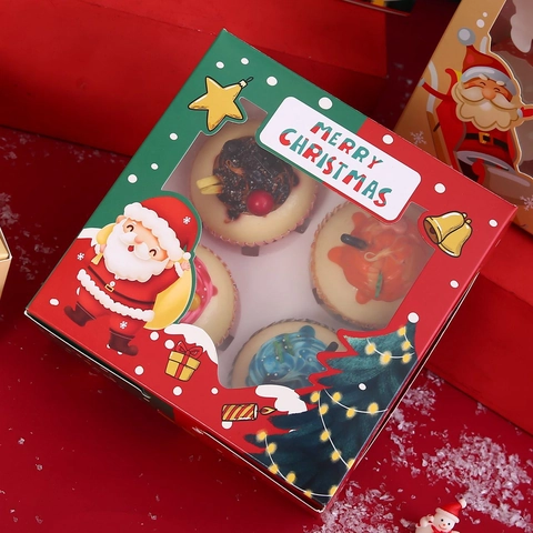 Cajas De Embalaje De Cupcakes De Navidad Con Ventana Transparente Cartón Muffin Postre Regalo Papá Noel Patrón Reno