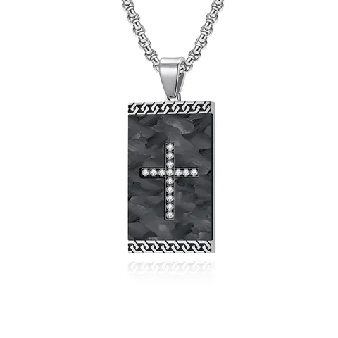 Collar Con Colgante De Cruz De Acero Inoxidable Retro Hombre Rectangular Textura Fibra De Carbono Incrustación Circón
