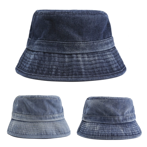 Unisex Bucket Hat Washed Cotton Denim Sun Protection Outdoor Casual Vintage Style Solid Color Headwear