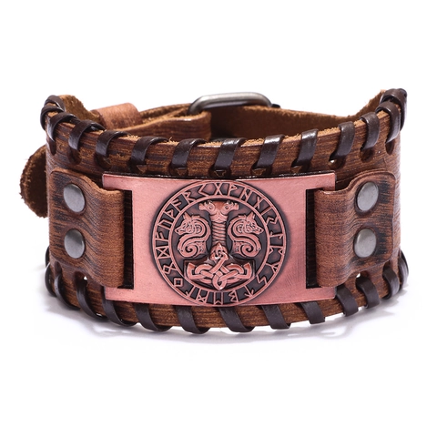 Wikinger Nordisches Lederarmband Thor Hammer Mjolnir Metallplatte Vintage Punk Rindsleder Armreif Manschette Herren Schmuck Zubehör