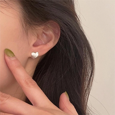Minimalist Heart Stud Earrings 925 Sterling Silver Brushed Matte Texture Korean Style For Women Fashion Jewelry