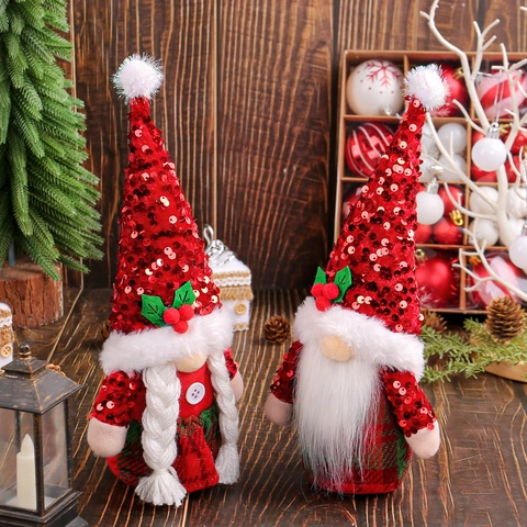 Ornamento Gnomo Di Natale Paillettes Rosse Poliestere Tessuto Pelliccia Sintetica Plaid Tomte Rudolph Decorazione Tavolo