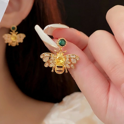 Luxury Zircon Bee Drop Earrings With Silver Earring Post Copper Vintage Honeybee Artificial Pearl Jewelry For Women