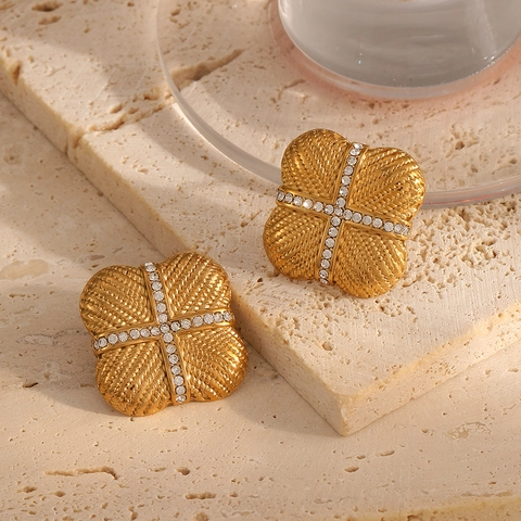 Retro Square Clover Stud Earrings 18K Gold Plated Stainless Steel Lattice Texture Braided With Cross Zircon For Women