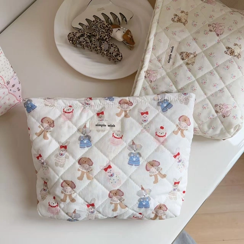 Quilted Cotton Makeup Bag Floral Puppy Bunny Print Cute Toiletry Organizer Zipper Pouch For Women Travel Daily