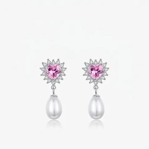 Elegant 925 Sterling Silver Heart Pink Rhinestone Drop Earrings With White Artificial Pearl For Women Fashion Jewelry Gift