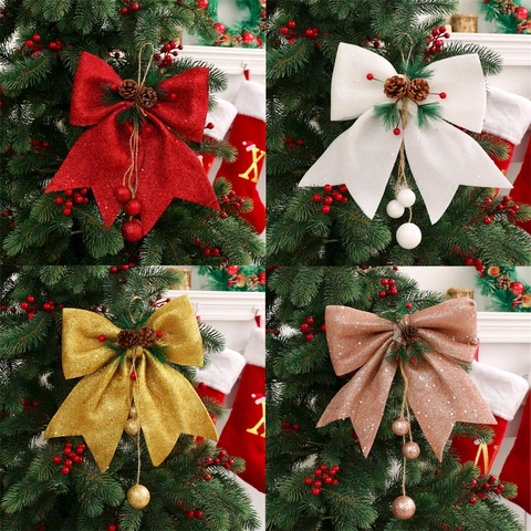 Christmas Tree Bow Topper Glitter Fabric Ornament With Pine Cones Berries And Sparkling Balls Festive Hanging Decoration