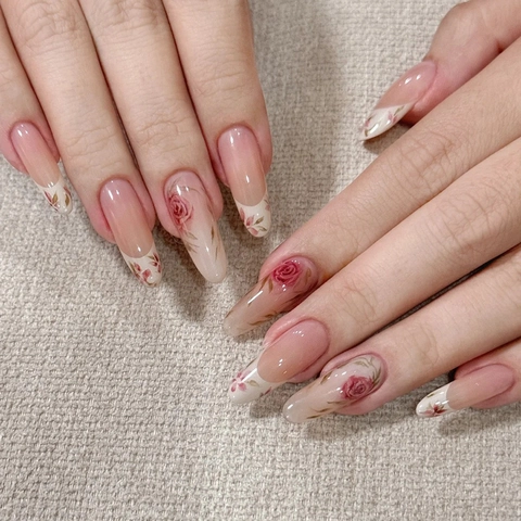 French Tip Press On Nails Rose Flower Pattern Watercolor Gradient Almond Shape Long Fake Nails For Women With Glue