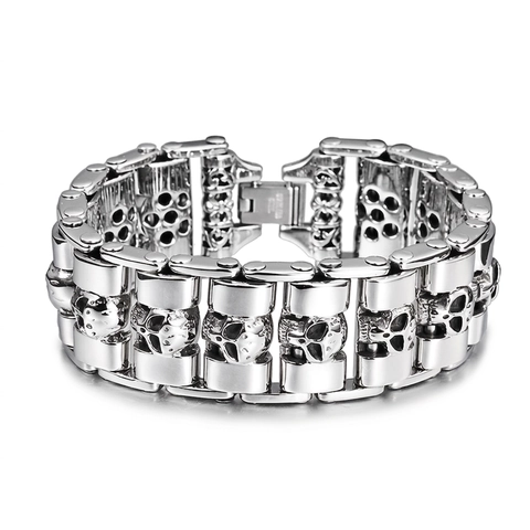 Men Skull Stainless Steel Bracelet Punk Heavy Metal Motorcycle Chain Jewelry For Rock Motorcyclist Cool Silver