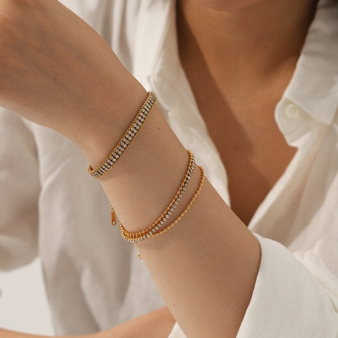 Double Layer White Zircon Bracelet 18K Gold Plated Stainless Steel Luxury High End Ins Style Jewelry For Women