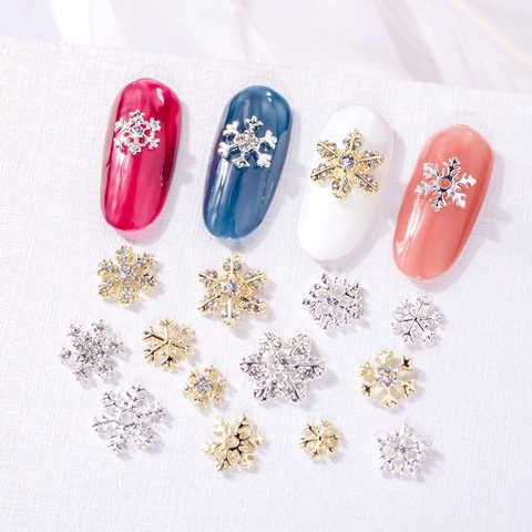 Christmas Nail Art Snowflake Rhinestones Alloy Gold Silver Color DIY Manicure Decorations Winter Holiday Nail Jewelry For Women