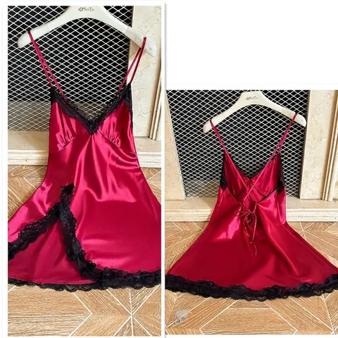 Damen ImitationsSatin Satin Nachthemd Sexy Spitze V-Ausschnitt Seitenschlitz Rückenfrei Schlafanzug Chemise Nachtwäsche
