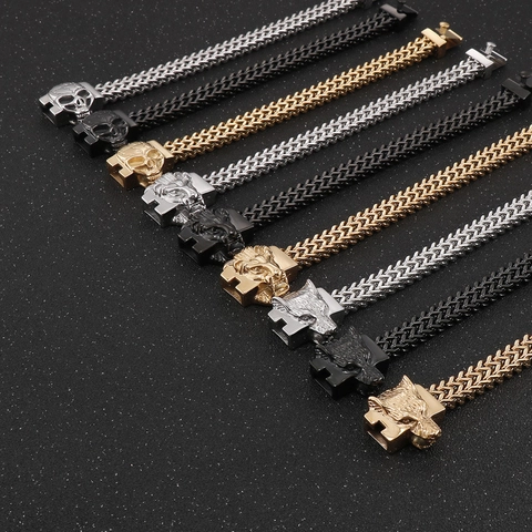 Lion Head Skull Wolf Head Braided Chain Bracelet Stainless Steel For Men Punk Rock Hip Hop Jewelry