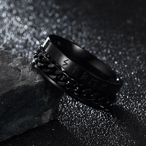 Anillo de Acero Inoxidable Nórdico Vintage Punk para Hombre Mujer Cadena Giratoria Runas Vikingas Grabado Galvanizado Spinner Band Ring Joyería Casual Diaria Regalo
