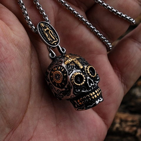 Gothic Skull Necklace Stainless Steel Sugar Skull Cross Pendant Biker Punk Retro 316L Metal Jewelry For Men