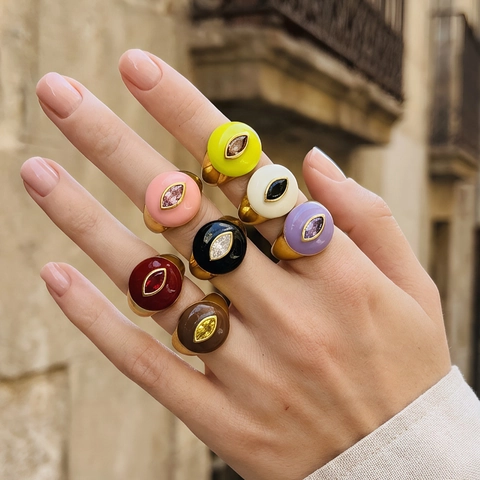 Anello Aperto Regolabile In Rame Placcato Oro 18K Smalto Colorato Cuore Marquise Zircone Gioielli Boho