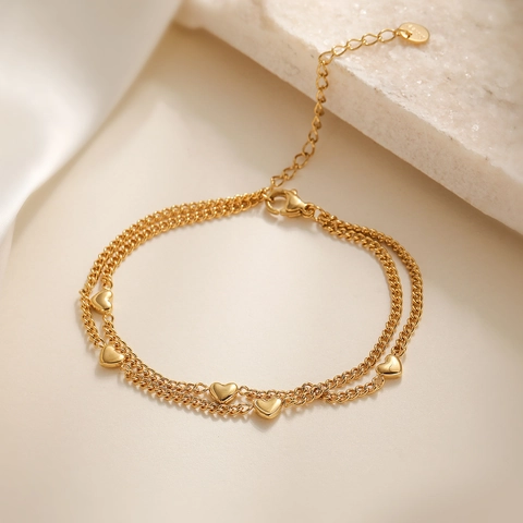 Double Layer Heart Pendant Bracelet 18K Gold Plated Stainless Steel Adjustable Chic Jewelry For Women
