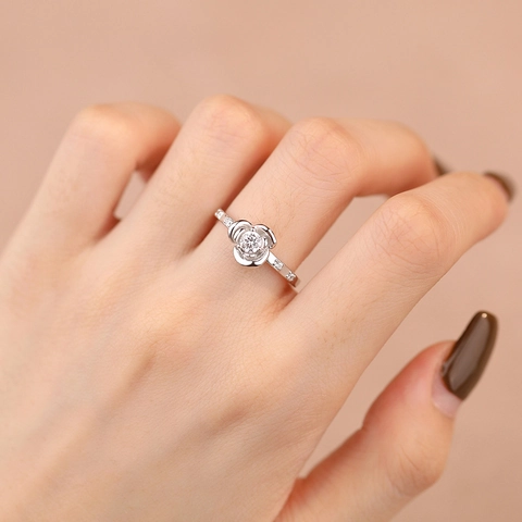 Exquisite 925 Sterling Silver Rose Flower Adjustable Open Ring For Women Minimalist Micro Pave Zirconia Niche Design Jewelry Gift