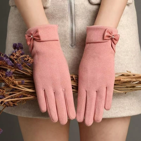 Guantes Invierno Mujer Gamuza Térmicos Pantalla Táctil Compatible Decoración Lazo Exterior Ciclismo Cálidos Estilo Dulce Elegante