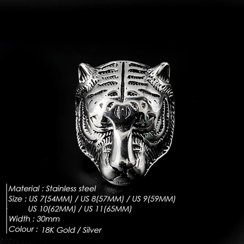 Men's Punk Stainless Steel Tiger Head Ring Cool Domineering Animal Signet Band Ring Vintage Masculine Fashion Jewelry Accessory