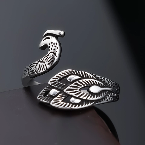 Vintage Peacock Feather Adjustable Open Ring 316L Stainless Steel Animal Gothic Retro Jewelry For Men Women