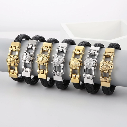 Bracciale Uomo Pelle Intrecciata Acciaio Inossidabile Lupo Leone Teschio Testa Di Animale Bangle Punk Con Chiusura Magnetica