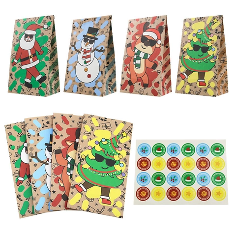 Weihnachts Papiertüten Kraftpapier Geschenkbeutel Cartoon Weihnachtsmann Schneemann Rentier Muster Fettbeständige Verpackung