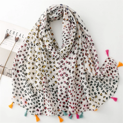Damen Bunter Leopardenmuster Schal Stola Polyester Voile Leicht Atmungsaktiv Quasten Dekor Mode Accessoire