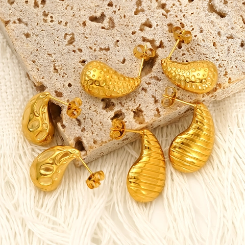 Pendientes De Botón Gota De Agua Chapados En Oro 18K Acero Inoxidable 304 Impermeable Hipoalergénico Texturizado Para Mujer