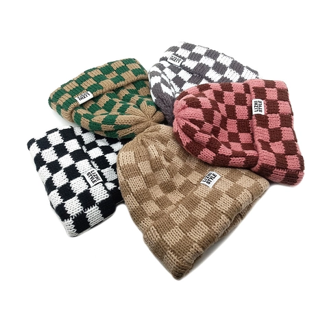 Schachbrettmuster Strickmütze Beanie Acryl Umschlag Warm Winter Streetwear Unisex Weiche Thermomütze