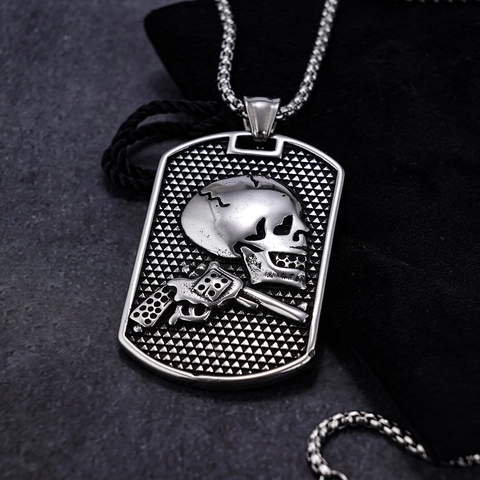 Stainless Steel Skull And Revolver Dog Tag Pendant Necklace Retro Punk Gothic Jewelry For Men