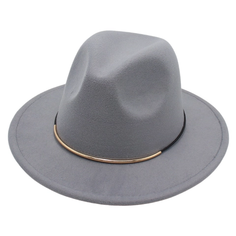 Cappello Fedora A Tesa Larga In Feltro Di Cotone Poliestere Vintage Jazz Cap Con Decorazione In Metallo Dorato E Corda Nera