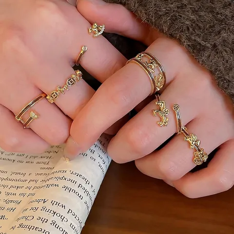 Vintage Pferd Münze Offene Ringe Kupfer Vergoldet Emaille Zirkon Verstellbarer Retro Mode Schmuck Für Damen