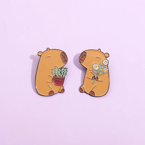 Broches Mignonnes Capybara Pins En Alliage De Zinc Émail Animal Dessin Animé Fleur Plante Pour Sacs À Dos Accessoires