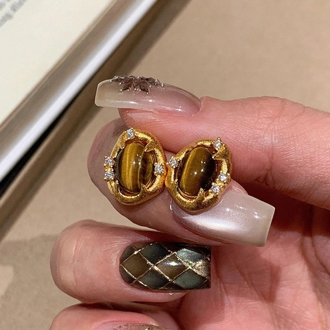 Vintage Oval Stud Earrings With Tiger Eye Stone And Zircon 18k Gold Plated Alloy With Silver Earring Post For Women