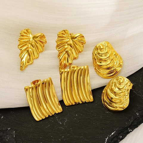 Pendientes De Botón 304 De Acero Inoxidable Hoja Geométrica Onda Chapados En Oro De 18K Joyería De Moda Para Mujeres