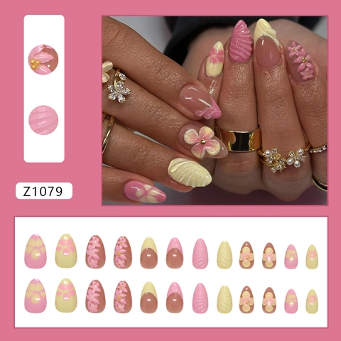 Sommer 3D Blume Nagel-Tips Farbverlauf Rosa Gelb Mandel Künstliche Nägel Mit Muschelstruktur Französischer Stil Fingernägel