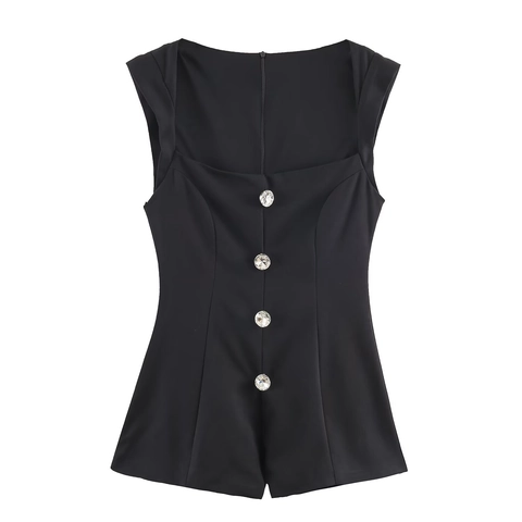 Women Romper Cotton Blend Sleeveless Square Neck Rhinestone Buttons Elegant Slim Fit Short Jumpsuit Elegant Solid Color