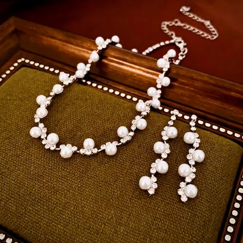Elegant Wave Design Faux Artificial Pearl Rhinestone Necklace Earrings Luxury Choker For Women Wedding Party Jewelry