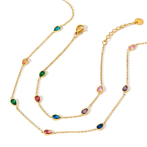 Collar Pulsera Tobillera De Acero Inoxidable Con Circón Colorido En Forma De Gota De Agua Para Mujeres Niñas Regalo Elegante